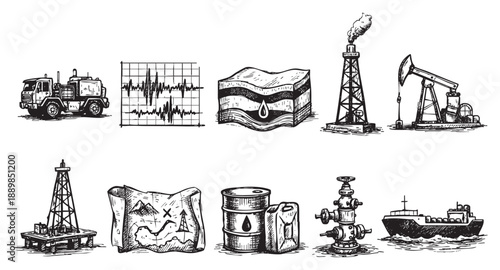 This set showcases hand-drawn oil industry elements, including drilling rigs, tankers, maps, and equipment, ideal for illustrating energy production and resource extraction.