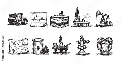 Hand-drawn oil industry elements including rig, pumpjack, barrel, truck and map, creating a vintage and technical themed set for design projects.