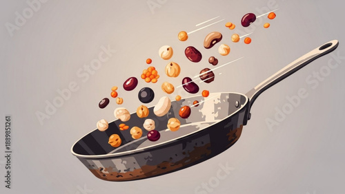 Beans and grains spilling out of a metal frying pan isolated on gray background with motion blur