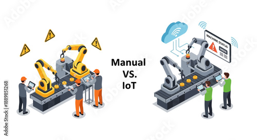 Illustration comparing manual and IoT industrial robots with workers in an industrial setting.