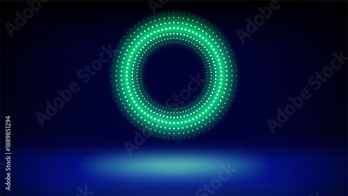 Futuristic technology stage blue green background. Round green dotted led, neon glow. Abstract background for displaying products, presentation, advertising. Tech backdrop. Showcase. Vector