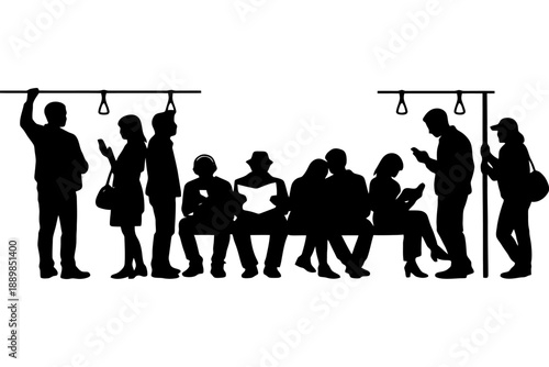 Silhouette of diverse commuters in subway setting.