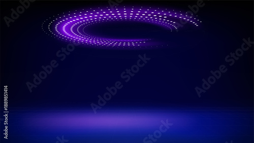 Futuristic technology stage blue background. Round purple pink dotted led, neon glow, grid floor. Abstract background for displaying products presentation, advertising. Tech backdrop. Showcase. Vector