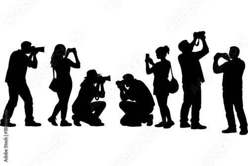 Silhouette of diverse photographers capturing images with cameras and smartphones.
