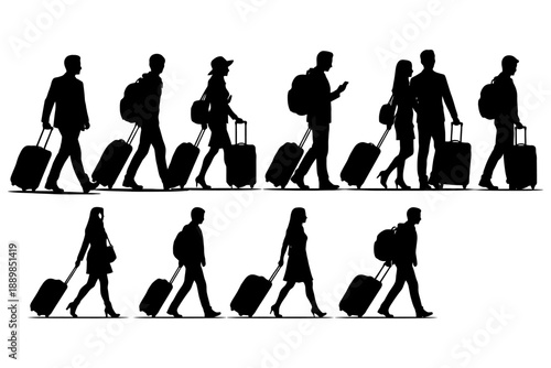 Silhouettes of travelers with luggage walking in profile view.