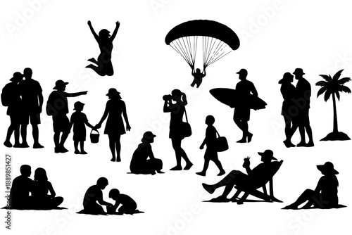 Silhouettes of people engaged in beach and outdoor activities.