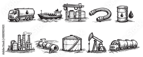 Hand-drawn vector illustrations of oil industry related items like tank truck, refinery, storage, pumpjack, and oil drum, presented in monochrome.