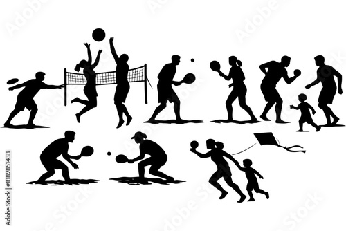 Silhouettes of people playing various sports and activities.