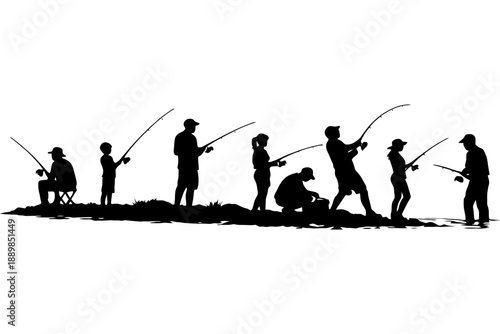 Silhouette of diverse people fishing by a lakeside at sunset.