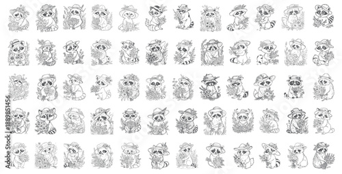 Retro Raccoon Illustrations Bundle, Vintage Style Raccoons in Sunhats