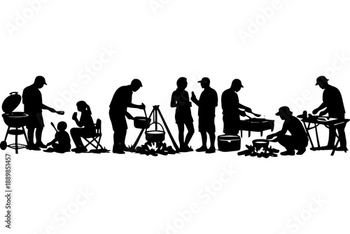 Silhouette of people enjoying outdoor bbq and camping activities.