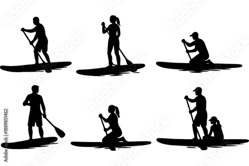 Silhouettes of diverse people paddleboarding: active outdoor recreation.