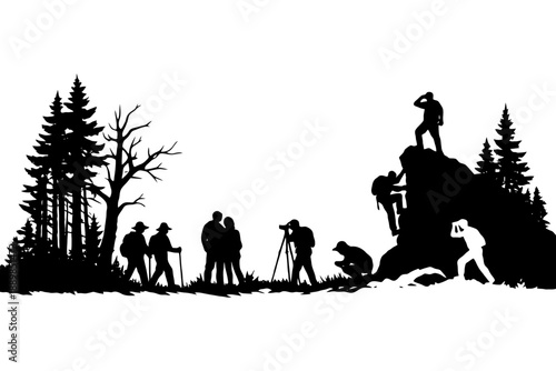 Silhouettes of hikers and photographers exploring outdoors in natural landscape.