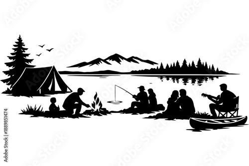 Silhouette of people enjoying camping by lake with fishing and campfire.