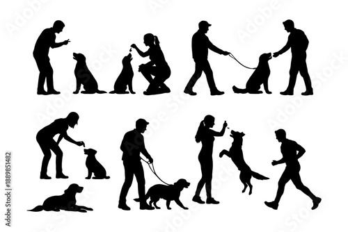Silhouettes of people training and walking dogs.