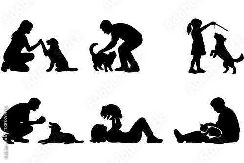Silhouettes of people interacting with pets: dogs, cats, adults, and children.