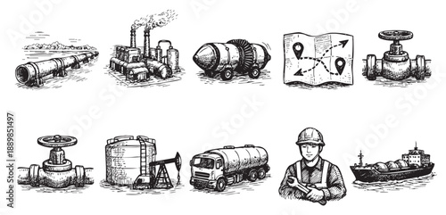 Black and white sketch-style illustration collection showing various components of the oil and gas industry, from pipelines to tanker ships.