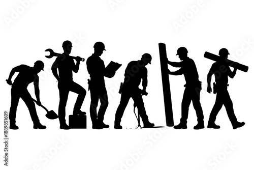 Silhouette of construction workers performing different tasks.