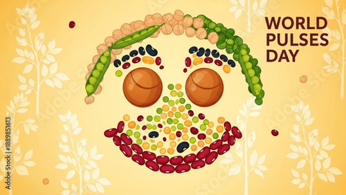 Smiling face made of various colorful pulses and legumes on yellow background with white floral patterns celebrating world pulses day
