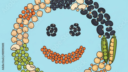 Smiling face made of various colorful beans and peas on light blue background symbolizing happiness and healthy eating