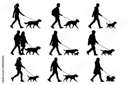 Silhouette collection of dog walkers with pets in various poses.