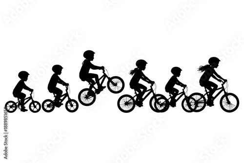 Silhouette progression of children riding bicycles.