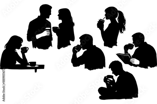 Silhouettes of people drinking coffee and reading.