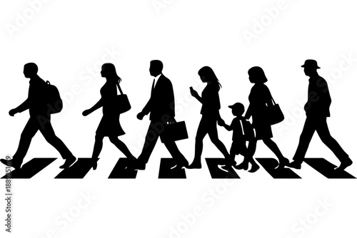 Silhouette of diverse pedestrians crossing street in black and white.