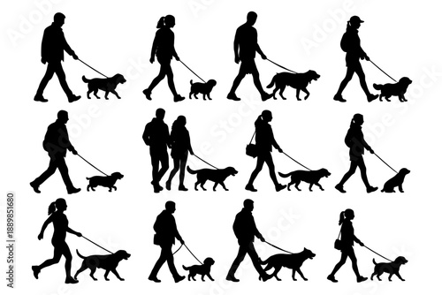 Silhouettes of diverse people walking dogs in various poses.