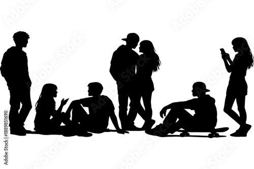 Silhouettes of diverse young adults hanging out in group.
