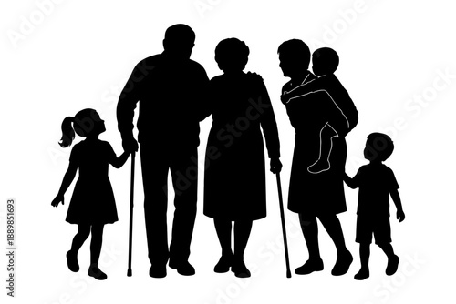 Silhouette of multigenerational family with children and elderly adults.