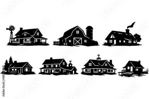 Silhouette collection of rustic farmhouses and barns in countryside setting.