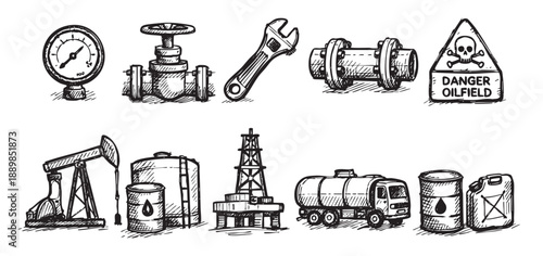Hand-drawn vector illustration shows oilfield equipment like pumpjacks, trucks, valves, and danger signs; ideal for industry-related designs.