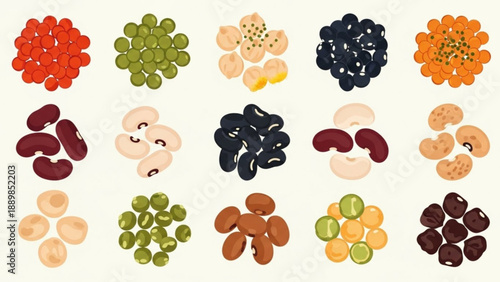 Variety of colorful beans and legumes illustration including kidney beans black beans chickpeas and more on white background