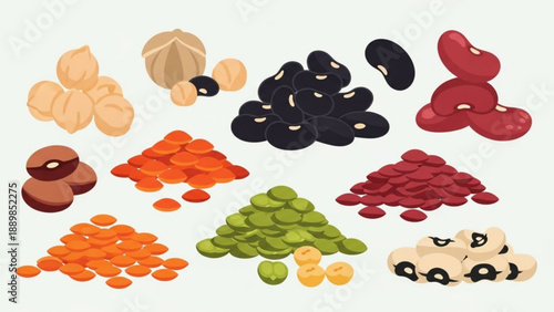 Variety of legumes and beans including kidney beans black beans lentils and chickpeas arranged in piles on a plain background