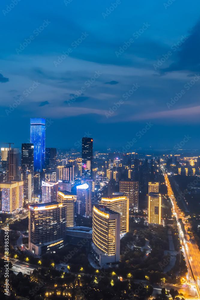 Obraz premium High angle night view of the skyline of the high-tech CBD city in Xi'an, Shaanxi, China