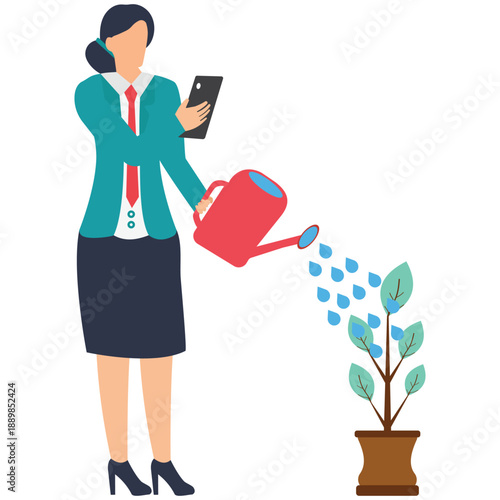 Flat vector style illustration of remote worker watering checklist plants growing from digital tablet to represent productivity growth and task nurturing in online workspace stock illustration