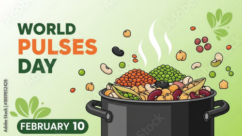 World pulses day poster with steaming pot of legumes and vegetables on february 10th