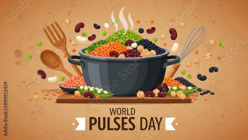 Vibrant pulses day celebration with colorful beans and legumes in a large pot on a wooden board