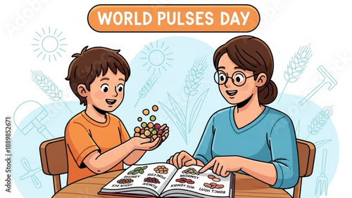 Mother and son celebrating world pulses day with legumes and educational book
