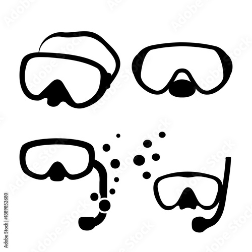 Stylized black silhouette diving masks and snorkels with bubbles for underwater exploration