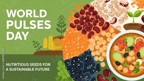 World pulses day poster with bowl of salad and various legumes on green background