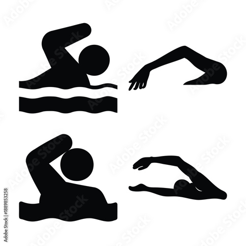 Collection of swimming icons and silhouettes illustrating various aquatic movements