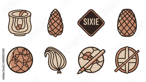 Collection of simple line icons representing various objects and concepts including food, signs, and abstract designs viewed from a straightforward perspective