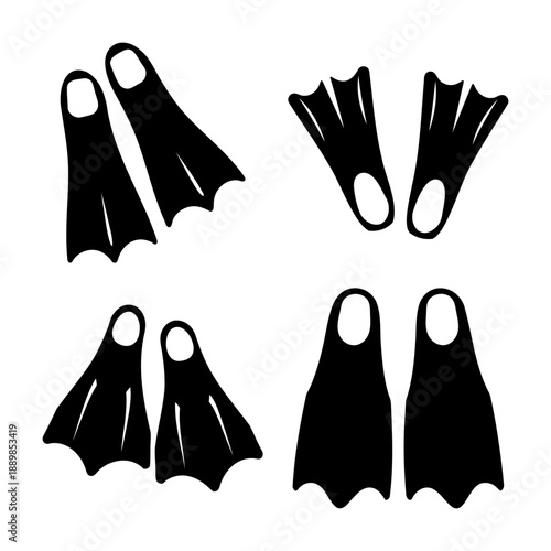 Collection of diverse black silhouette swimming fins and flippers for water sports