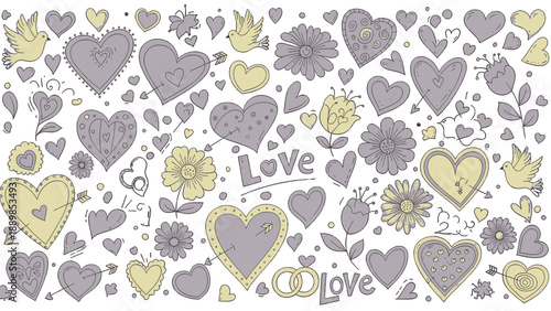 A vibrant collection of illustrations featuring hearts, flowers, and love-themed elements arranged in a visually appealing pattern