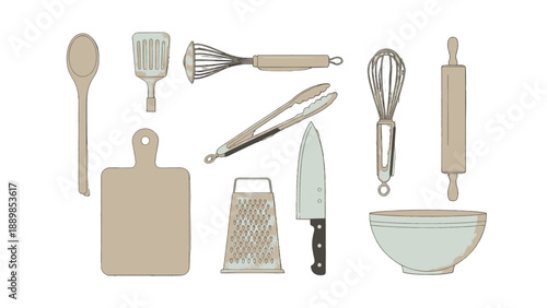 Assorted kitchen utensils and tools arranged neatly on a clean surface, showcasing various cooking essentials from different angles in a flat illustration style.