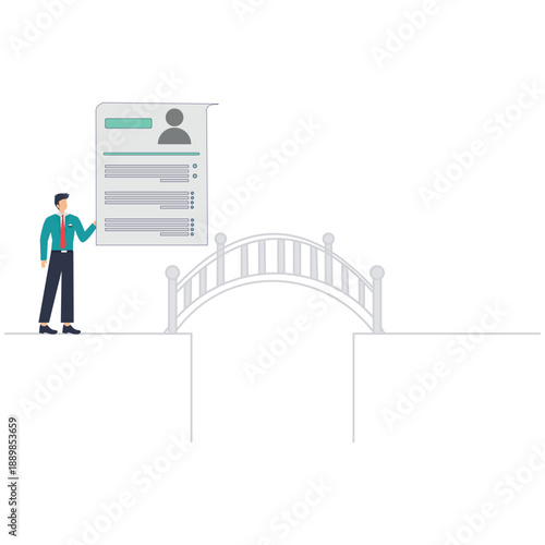 Flat vector style illustration of human resource manager building bridge using candidate resumes to connect recruitment and onboarding process in HR workflow stock illustration