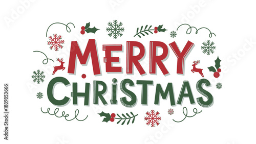 Festive Christmas illustration featuring Merry Christmas text surrounded by holiday elements and decorations in a celebratory scene viewed from a straightforward perspective