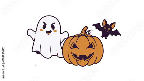 A ghost, pumpkin, and bat in a whimsical Halloween scene, viewed from a slight angle with playful illustrations.